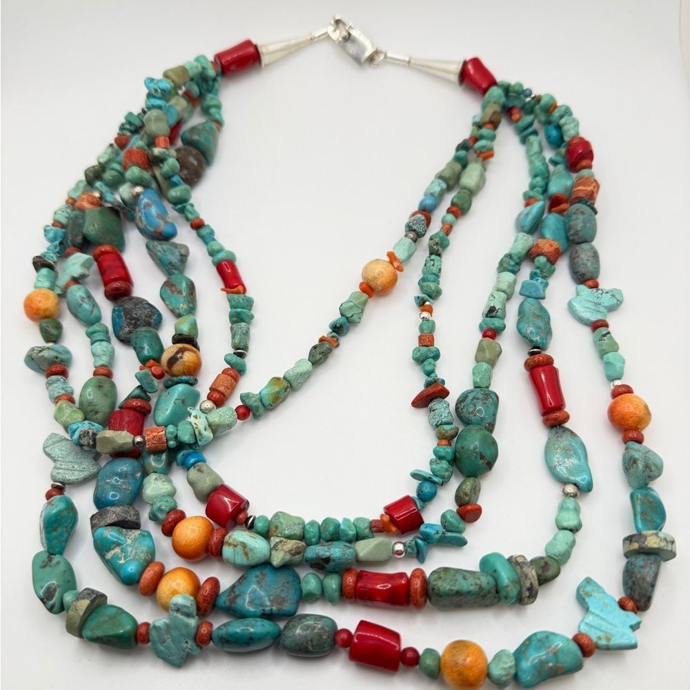 AMAZING ~20" 5 strands of Coral, Silver, TURQUOISE beads w/ VTG 925 TAXCO clasp! - Picture 9 of 13